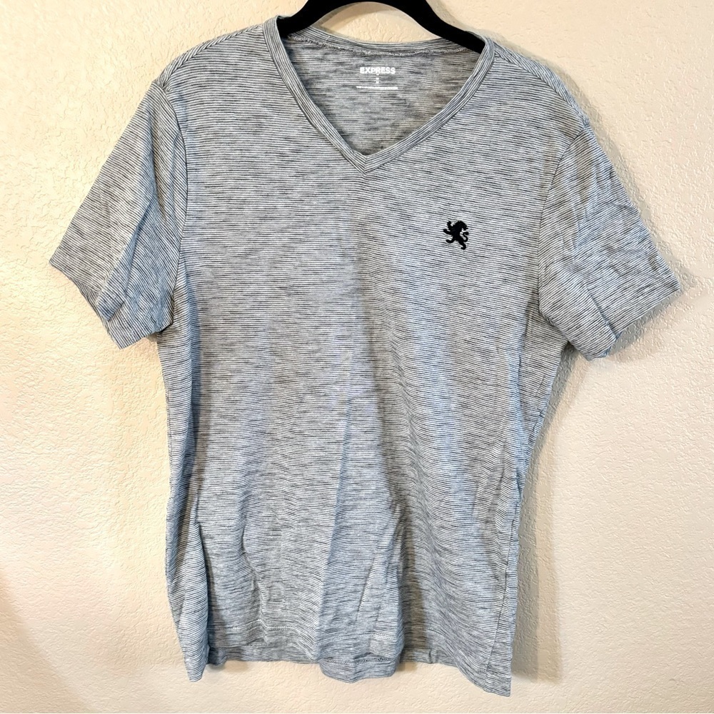 Express Men’s Tee Medium Grey Black Stripes V-Neck Short Sleeves Cotton